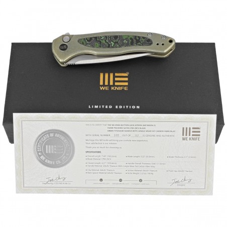 Nóż składany WE Knife Button Lock Kitefin LE No 103/157 Green Titanium/Jungle Wear Fat Carbon, Hand Polished Satin CPM 20CV (WE1