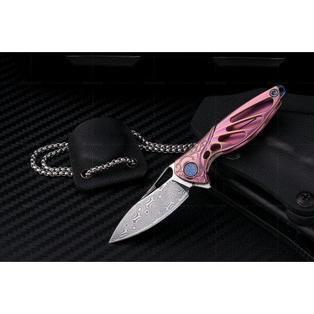 Nóż na szyję RikeKnife Mini Hummingbird Pink Titanium, Rose Damascus by Richard Wu (RK-MINI-PK)