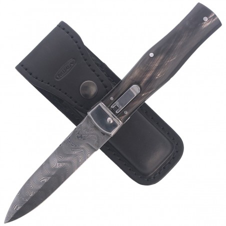 Nóż sprężynowy Mikov Predator Wildcat Buffalo Horn, Damascus PMC27 (241-DR-1/KP)